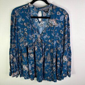 NWT womens blue paisly print‎ bell sleeve keyhole blouse size medium